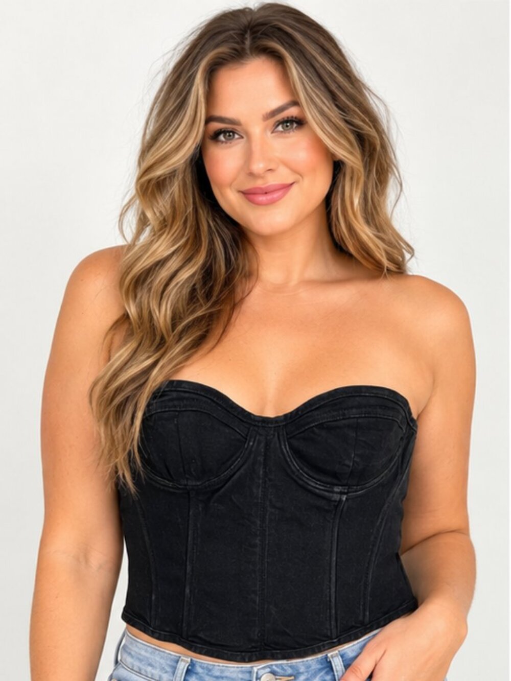 ZARA Black Denim Strapless Corset Bustier Top XL Y2K